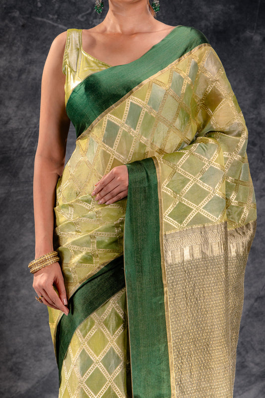 Olive Green Tissue Silk Saree with Diamond Lattice Weave and Tonal Zari Border