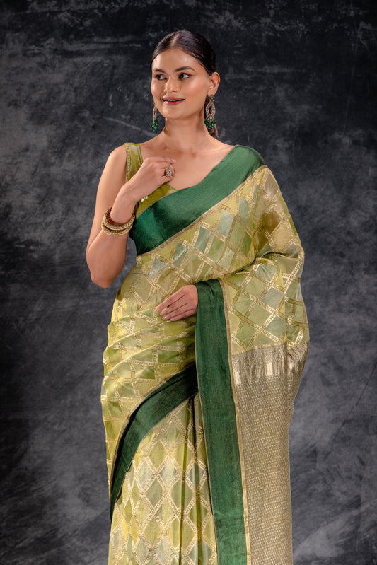 Olive Green Tissue Silk Saree with Diamond Lattice Weave and Tonal Zari Border