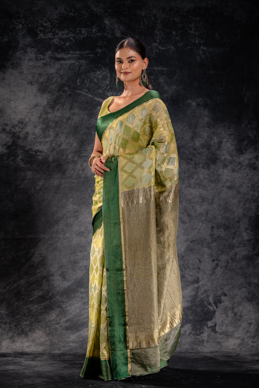 Olive Green Tissue Silk Saree with Diamond Lattice Weave and Tonal Zari Border