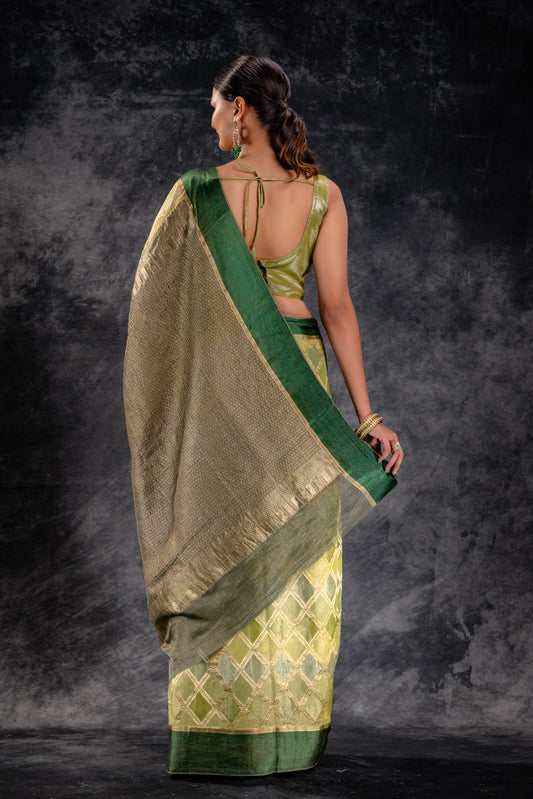 Olive Green Tissue Silk Saree with Diamond Lattice Weave and Tonal Zari Border
