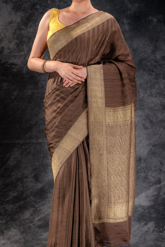 Cocoa Brown Crepe Silk Saree with Zari Stripes and Crushed Border