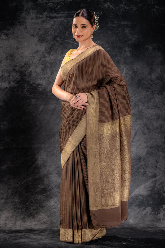 Cocoa Brown Crepe Silk Saree with Zari Stripes and Crushed Border