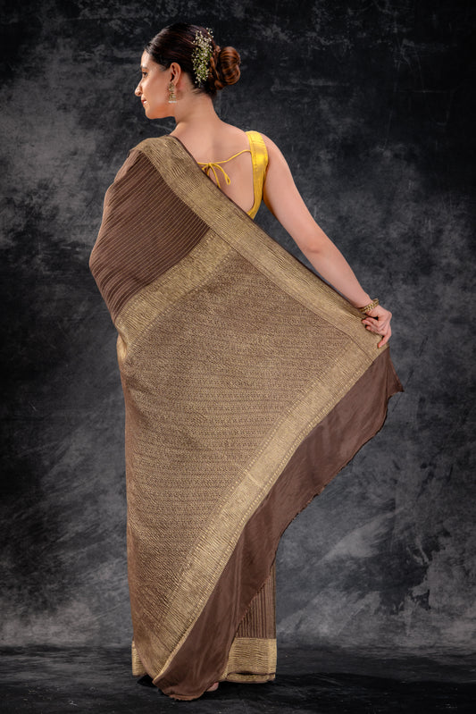 Cocoa Brown Crepe Silk Saree with Zari Stripes and Crushed Border
