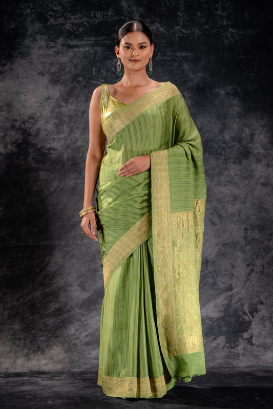 Pistachio Green Crepe Silk Saree with Zari Stripes and Crushed Border