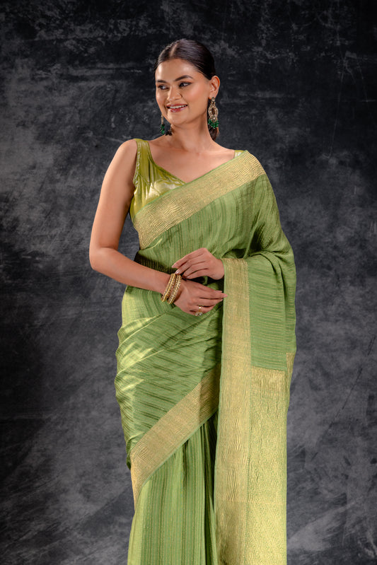 Pistachio Green Crepe Silk Saree with Zari Stripes and Crushed Border