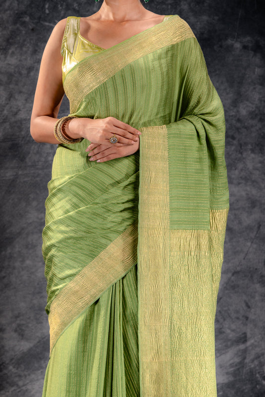 Pistachio Green Crepe Silk Saree with Zari Stripes and Crushed Border