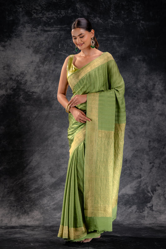 Pistachio Green Crepe Silk Saree with Zari Stripes and Crushed Border