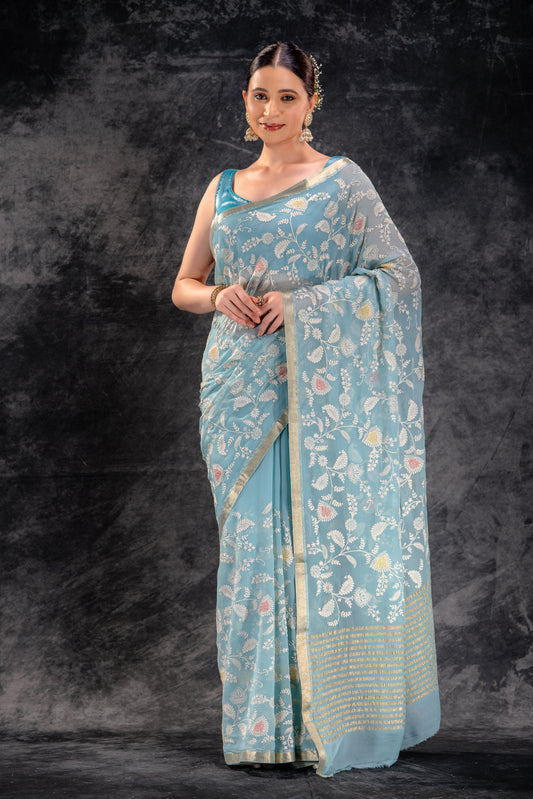 Dusty Aqua Embroidered Chiffon Saree
