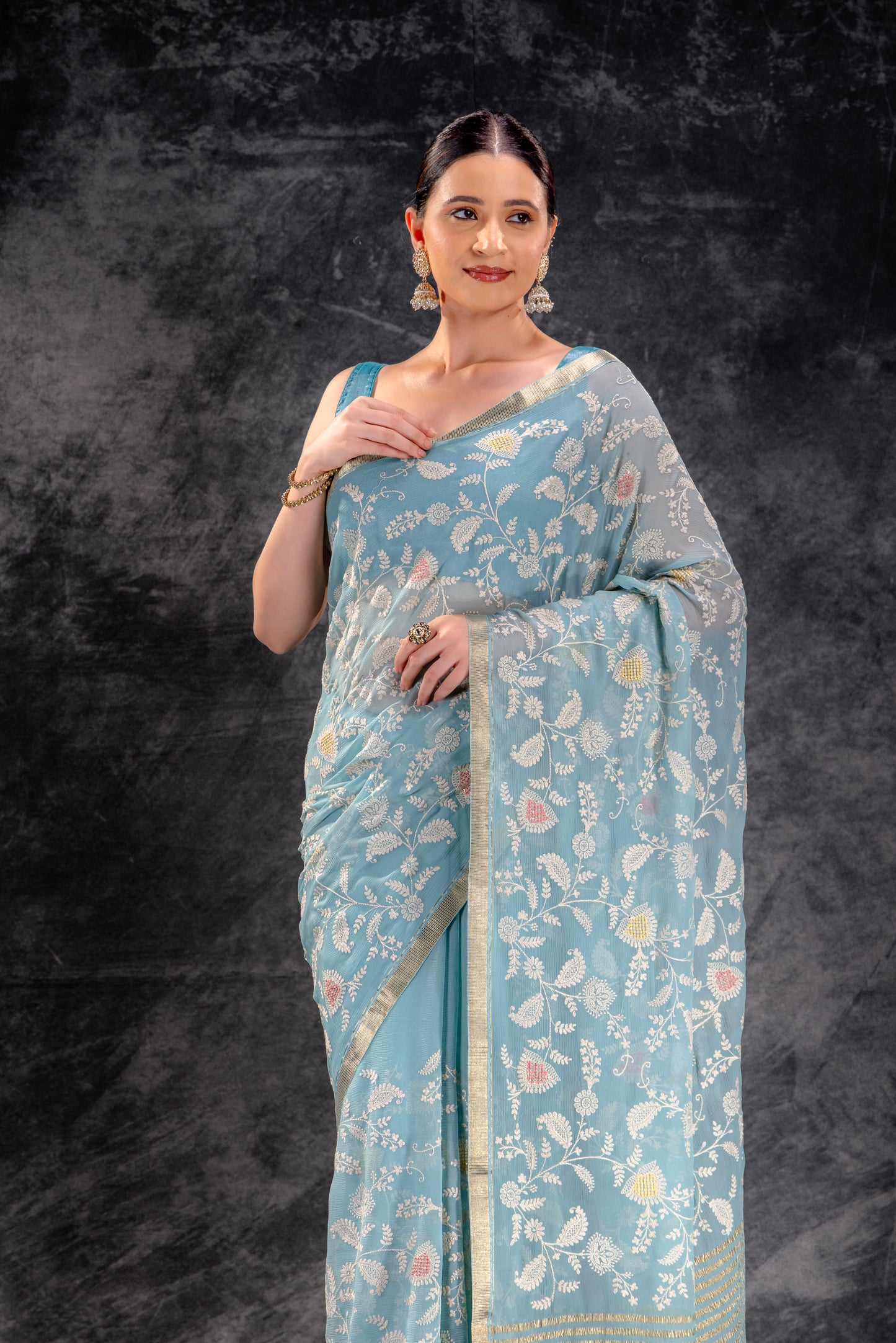 Dusty Aqua Embroidered Chiffon Saree