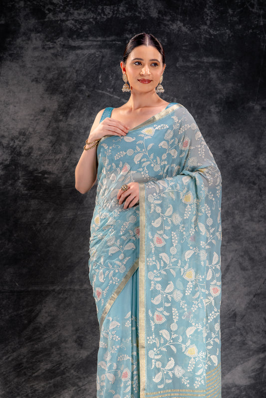 Dusty Aqua Embroidered Chiffon Saree