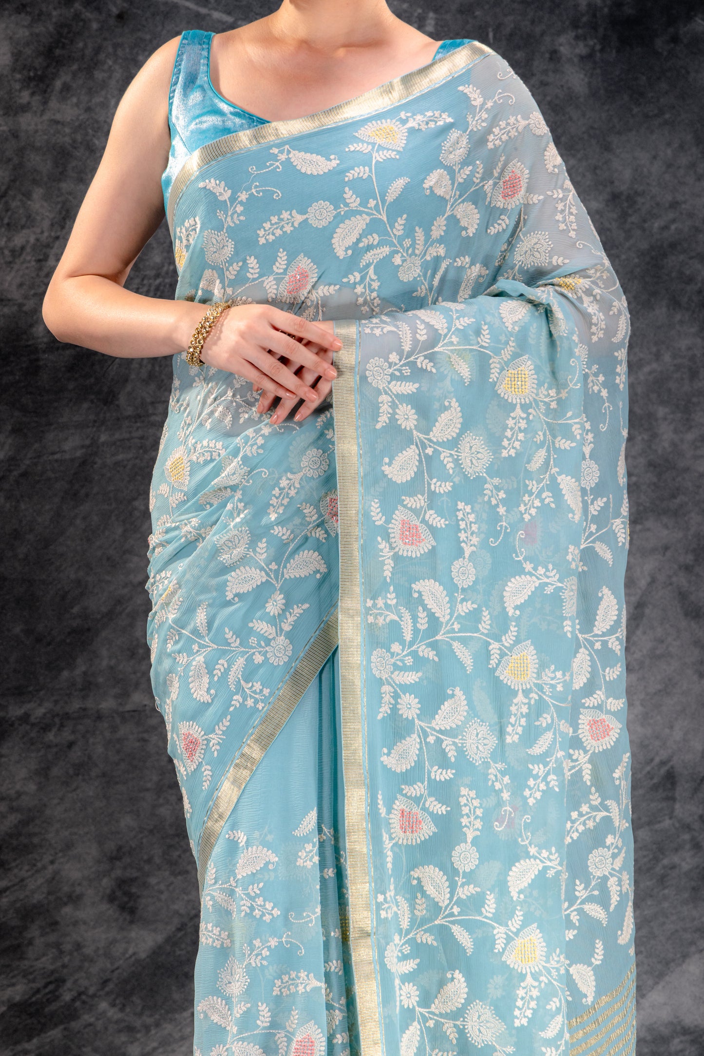 Dusty Aqua Embroidered Chiffon Saree