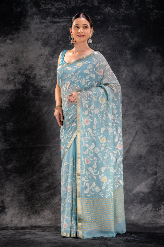 Dusty Aqua Embroidered Chiffon Saree