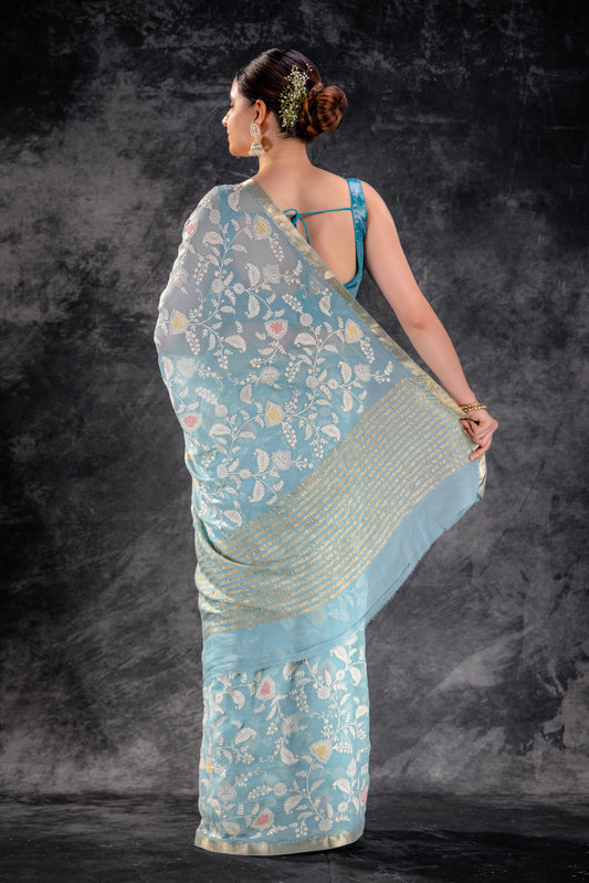 Dusty Aqua Embroidered Chiffon Saree