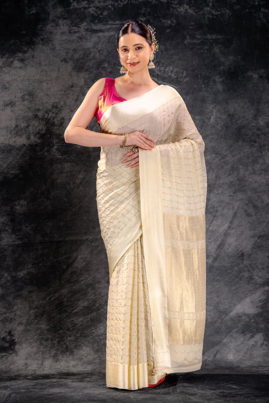Ivory Cream Crepe Saree with Gold-Silver Check Lines with Satin Border