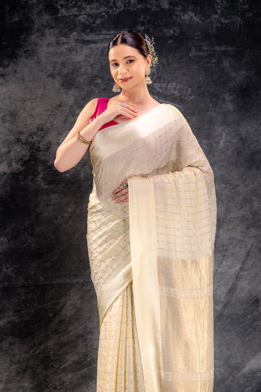 Ivory Cream Crepe Saree with Gold-Silver Check Lines with Satin Border