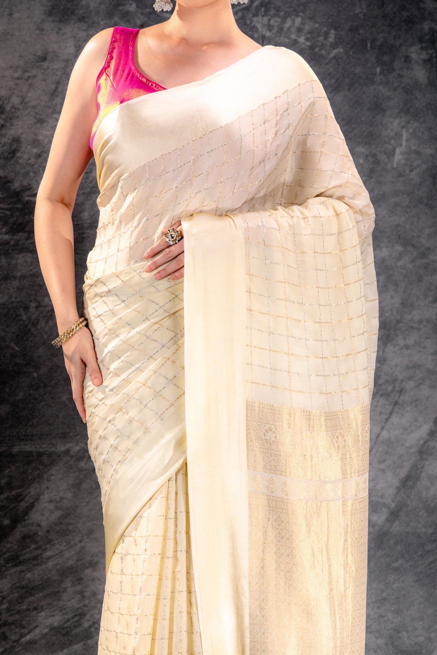 Ivory Cream Crepe Saree with Gold-Silver Check Lines with Satin Border