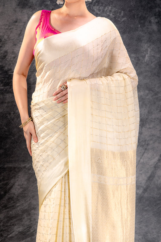 Ivory Cream Crepe Saree with Gold-Silver Check Lines with Satin Border