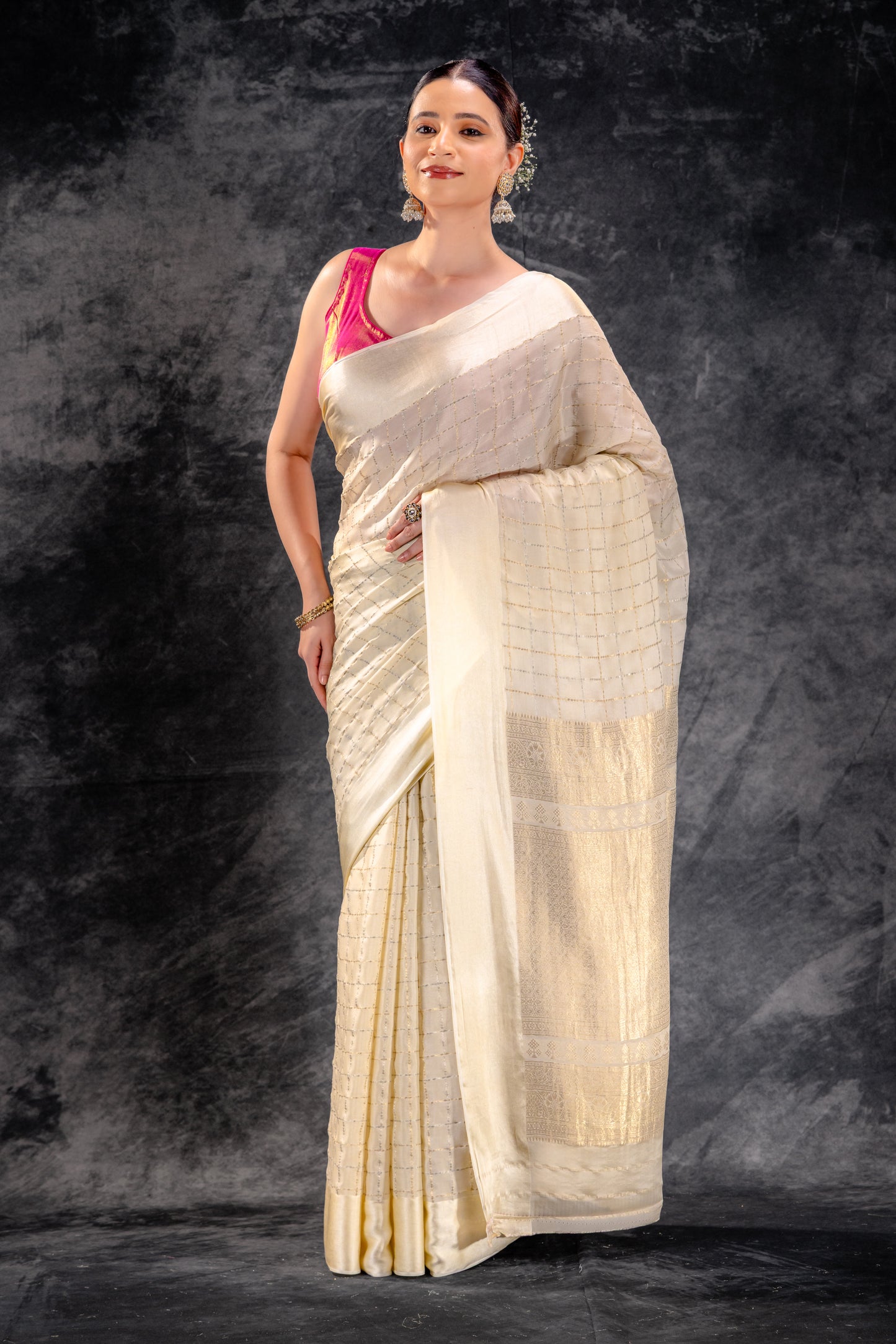Ivory Cream Crepe Saree with Gold-Silver Check Lines with Satin Border