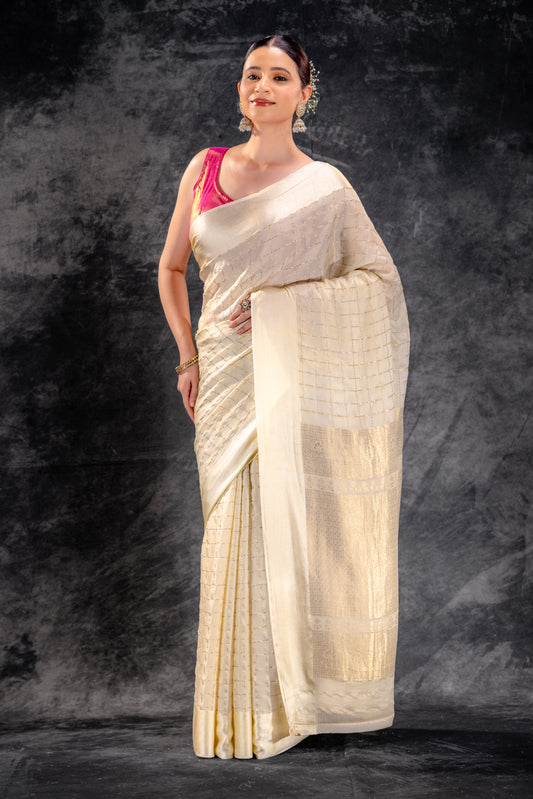 Ivory Cream Crepe Saree with Gold-Silver Check Lines with Satin Border