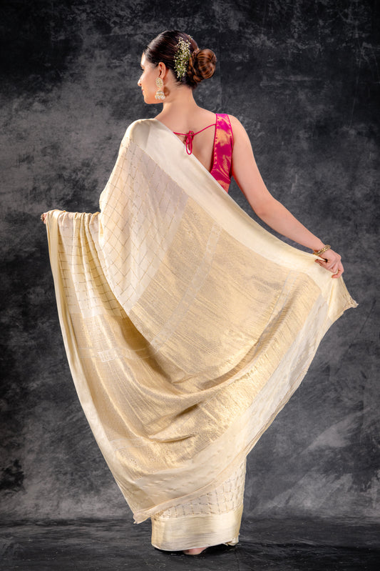 Ivory Cream Crepe Saree with Gold-Silver Check Lines with Satin Border