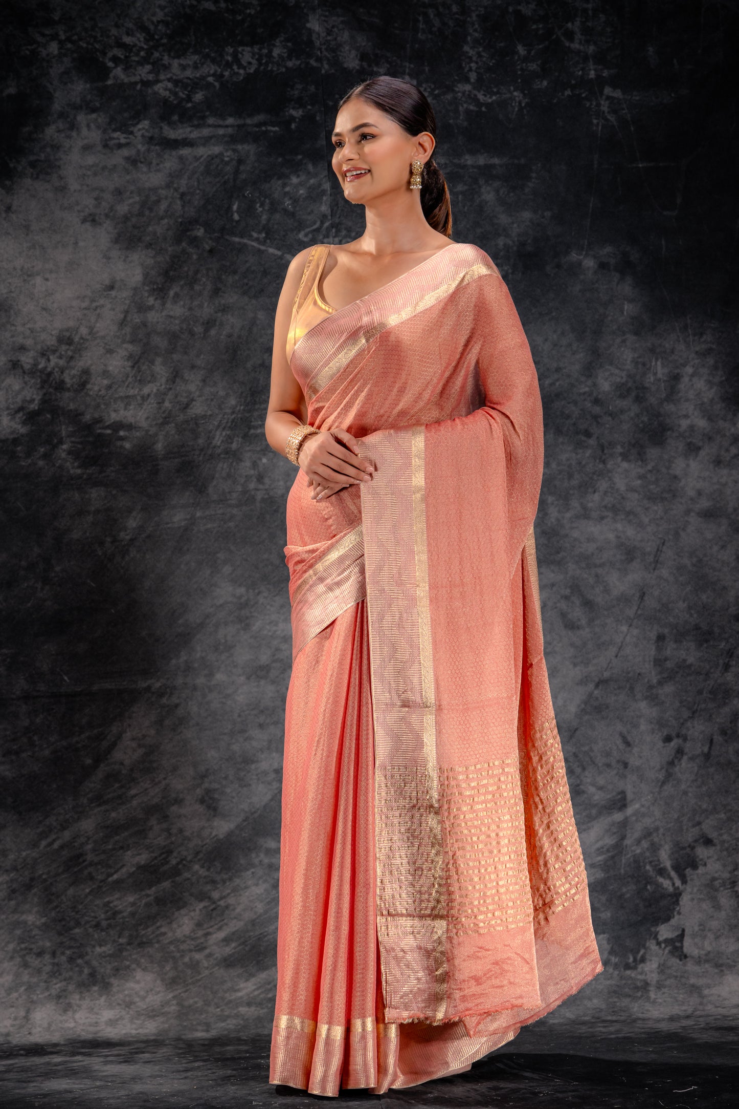 Honeycomb Tissue Saree in Blush Pink with Metallic Zigzag Zari Border