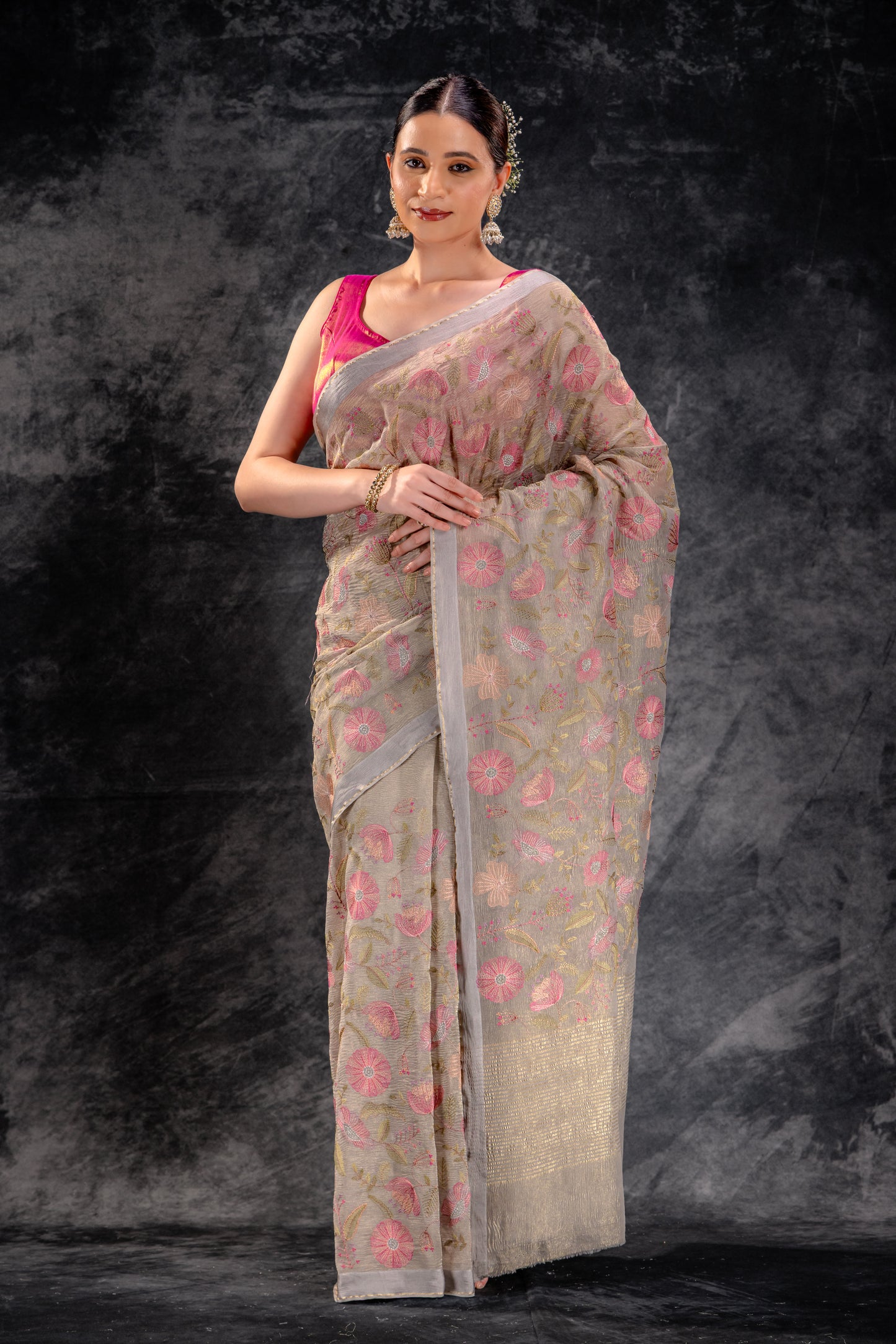 Beige Gold  Embroidered Tissue Saree in Taupe Blossom