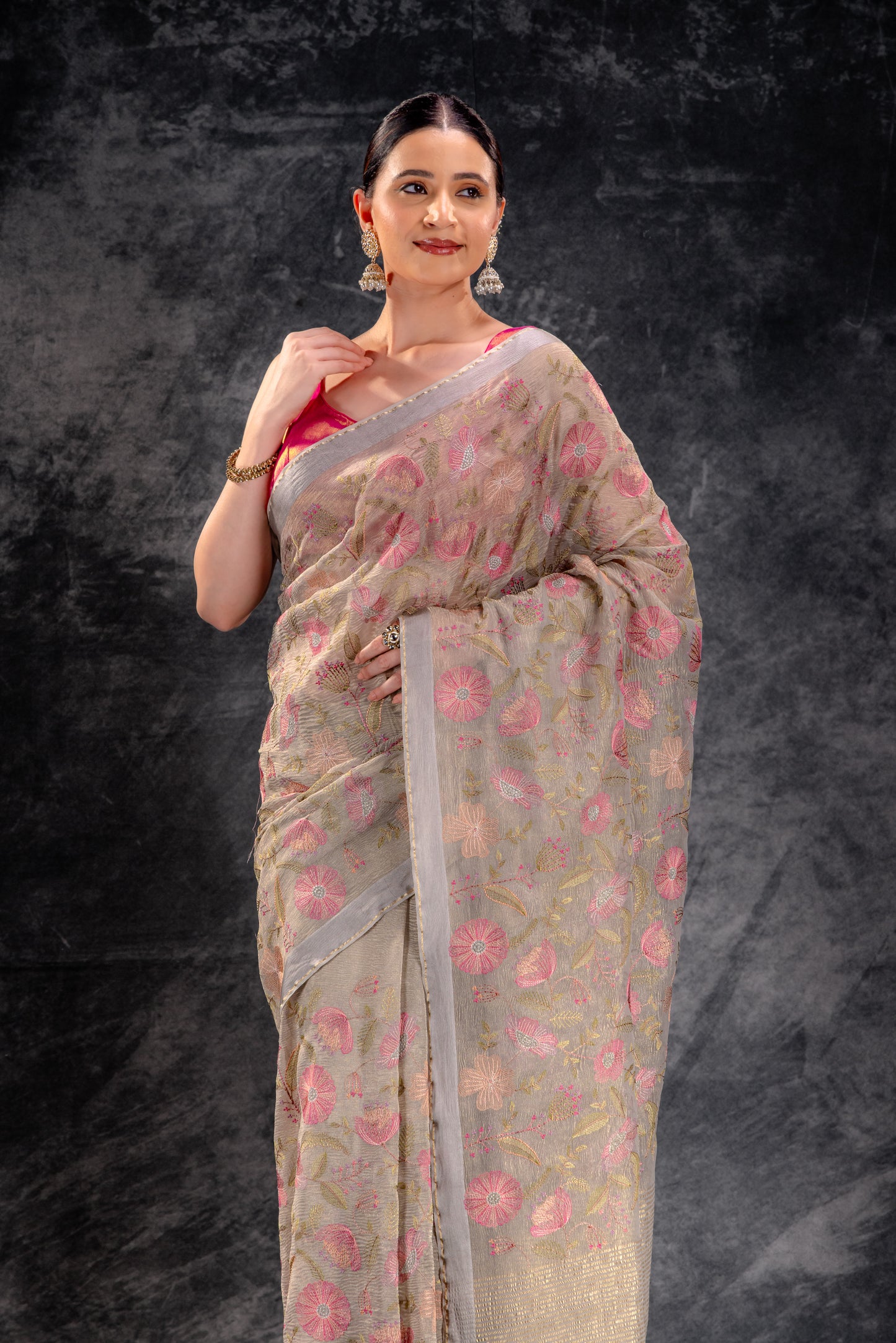 Beige Gold  Embroidered Tissue Saree in Taupe Blossom