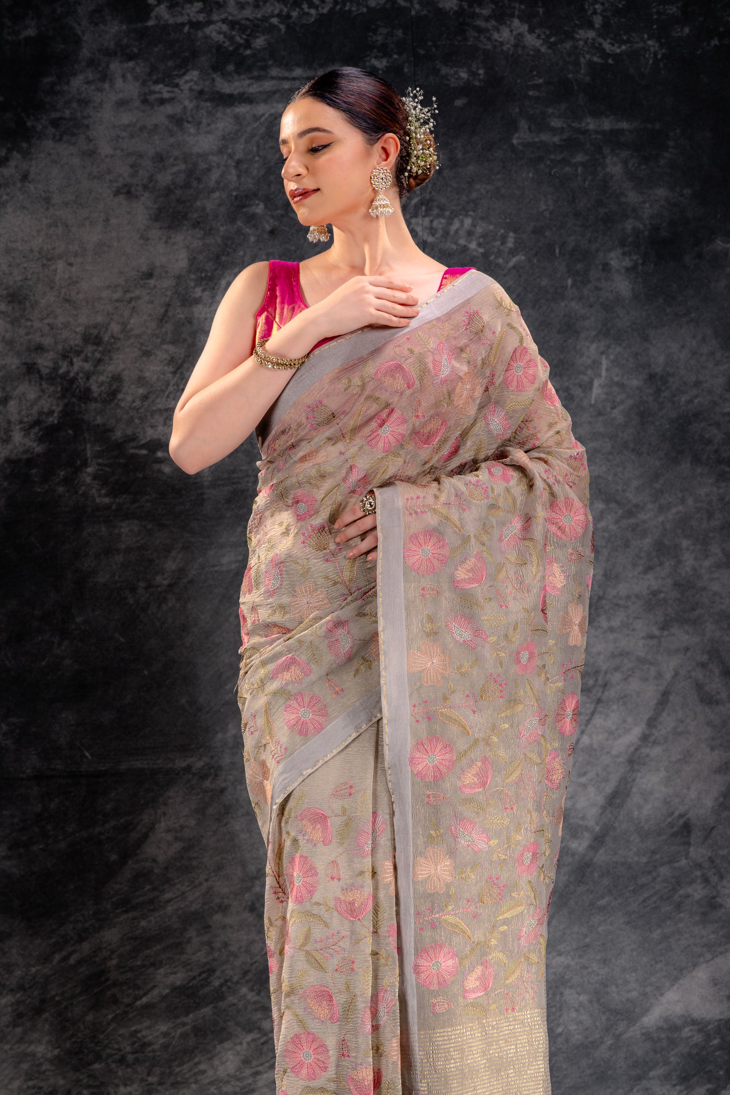 Beige Gold  Embroidered Tissue Saree in Taupe Blossom