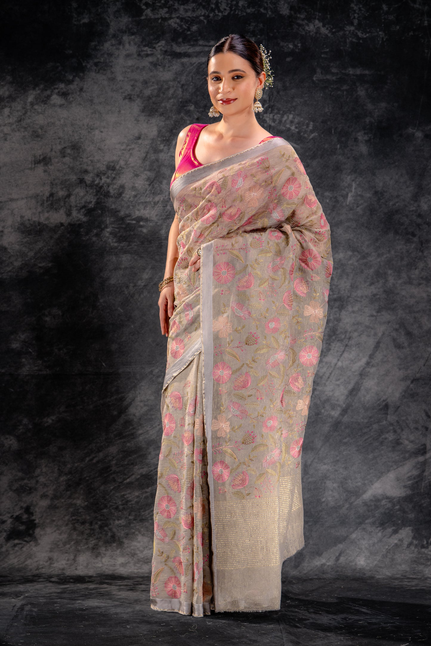 Beige Gold  Embroidered Tissue Saree in Taupe Blossom