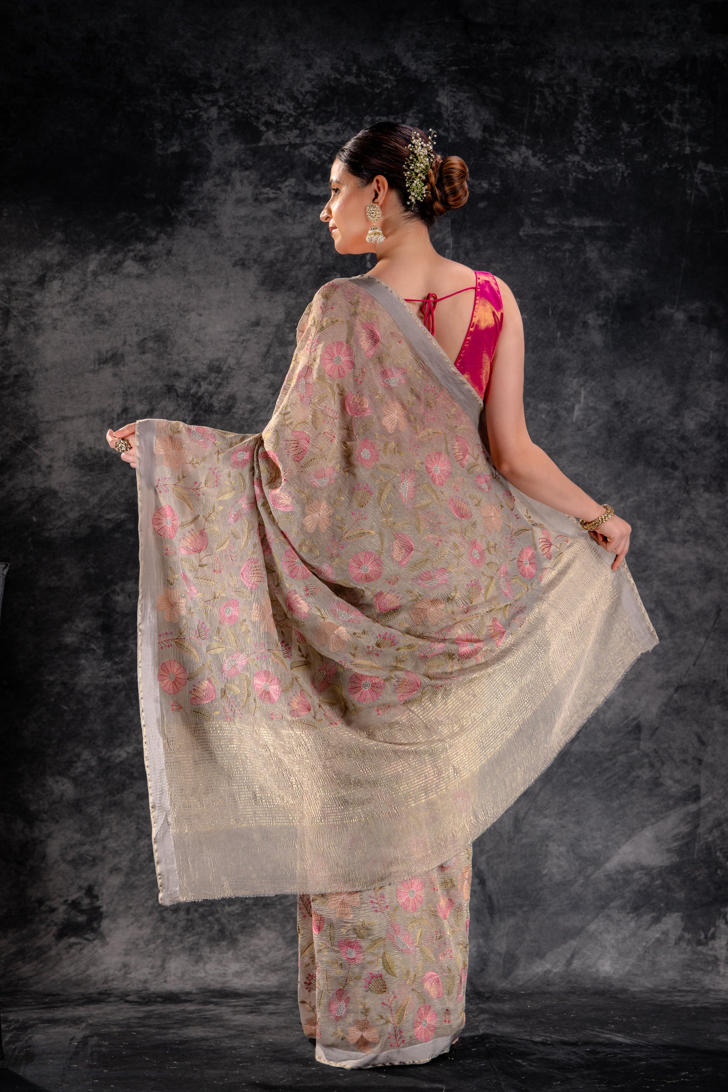 Beige Gold  Embroidered Tissue Saree in Taupe Blossom