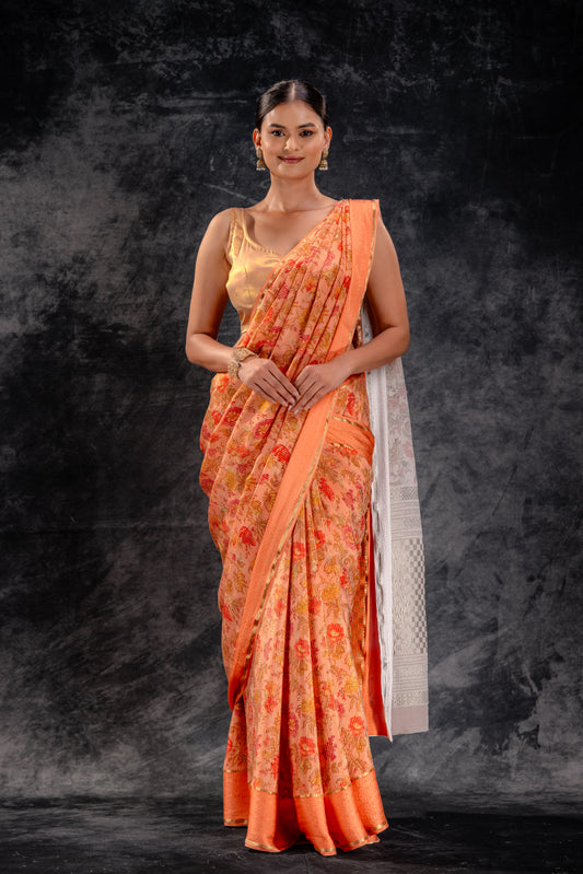 Orange Crepe Saree with Floral Print and Embossed Border