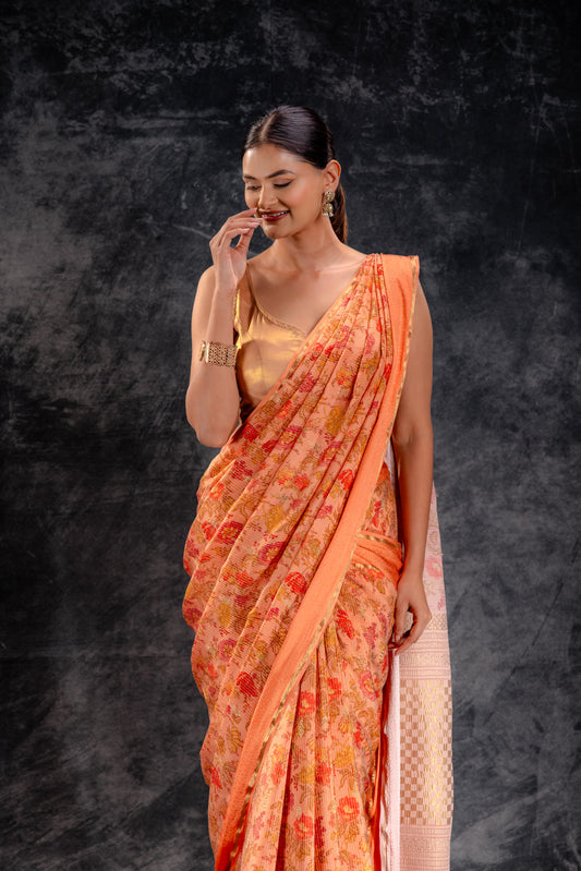 Orange Crepe Saree with Floral Print and Embossed Border