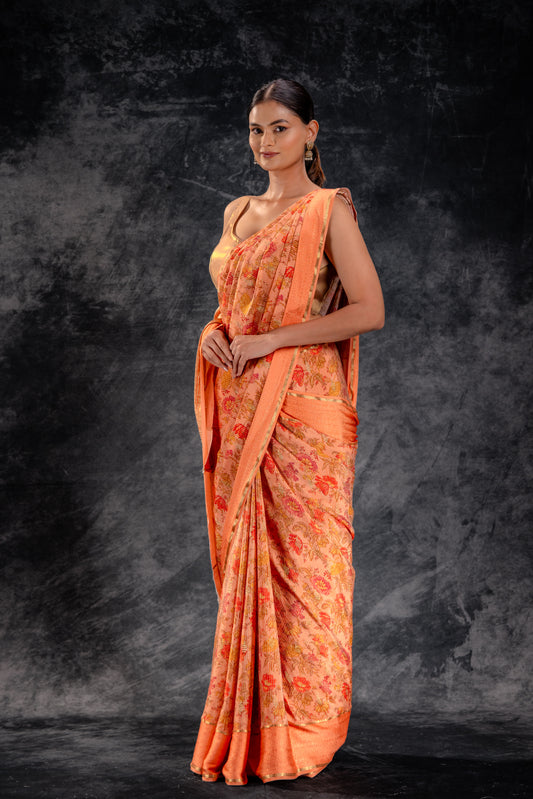 Orange Crepe Saree with Floral Print and Embossed Border