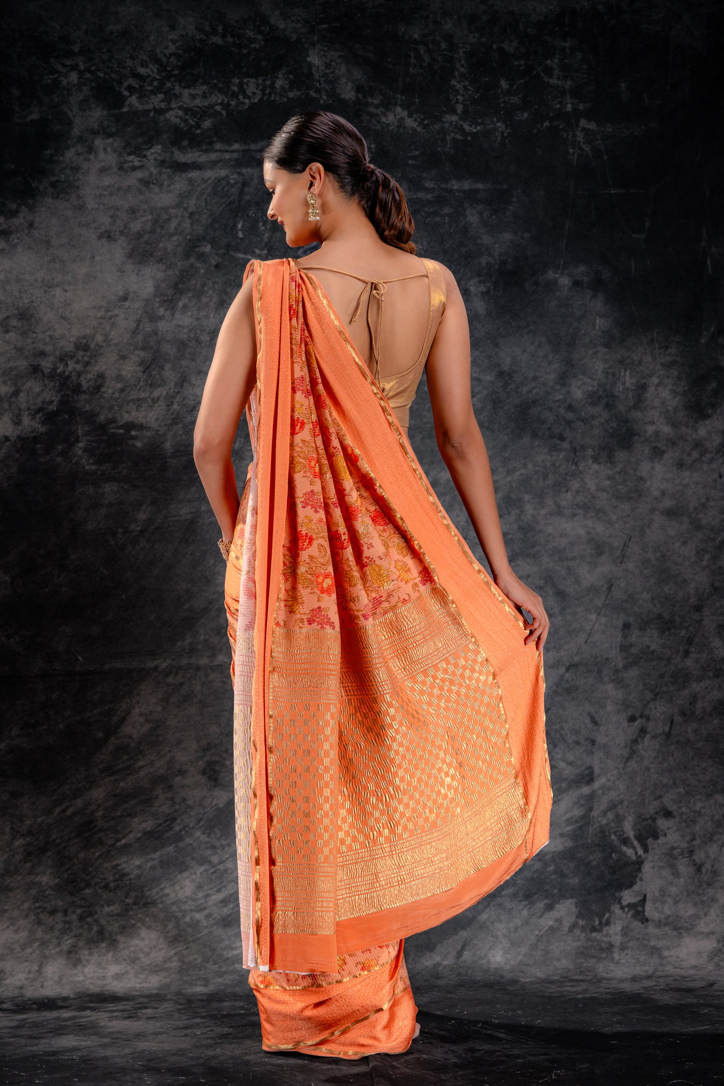 Orange Crepe Saree with Floral Print and Embossed Border