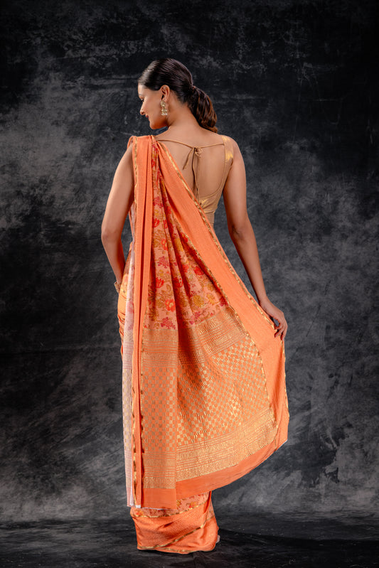 Orange Crepe Saree with Floral Print and Embossed Border