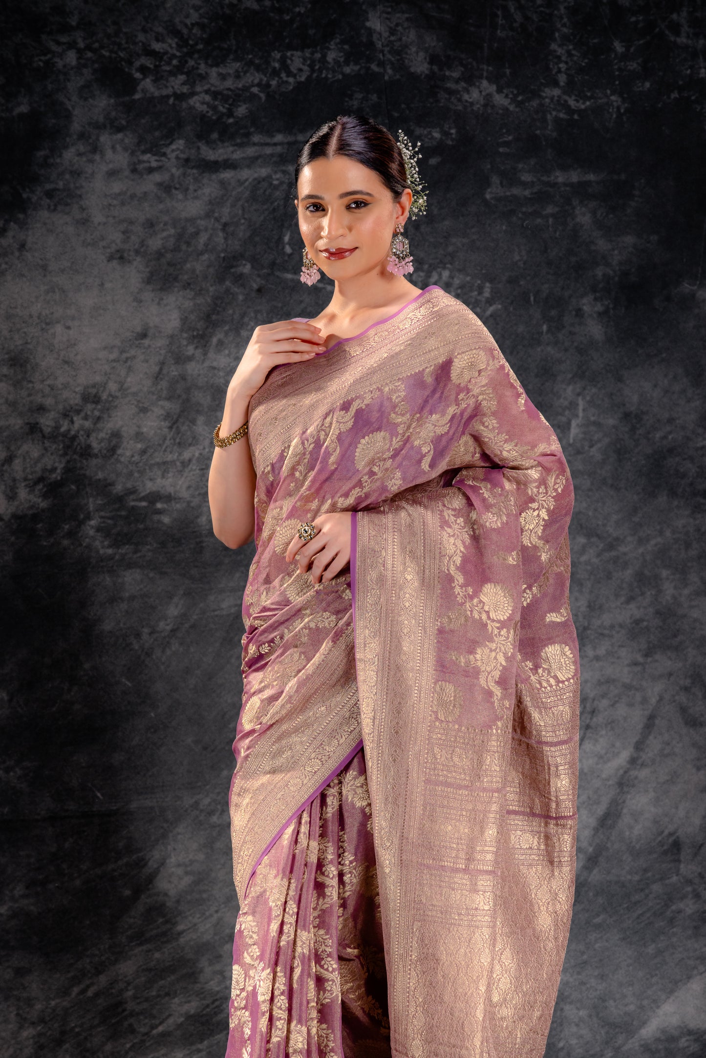 Dusty Mauve Tissue Saree with Zari Jaal Work and Contrast Border