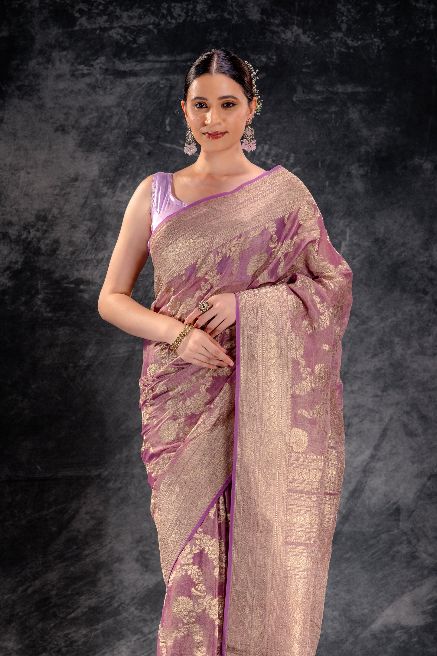 Dusty Mauve Tissue Saree with Zari Jaal Work and Contrast Border