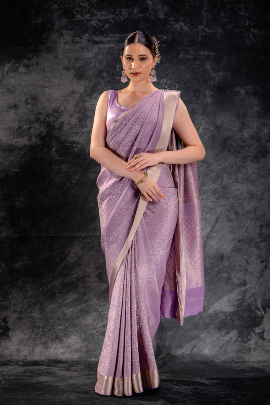 Dusty Lilac Crepe Brocade Saree with Intricate Zari Floral Weave