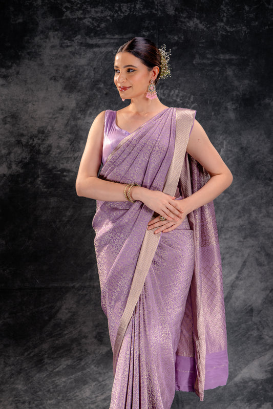 Dusty Lilac Crepe Brocade Saree with Intricate Zari Floral Weave