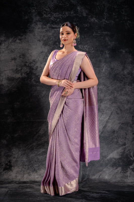 Dusty Lilac Crepe Brocade Saree with Intricate Zari Floral Weave