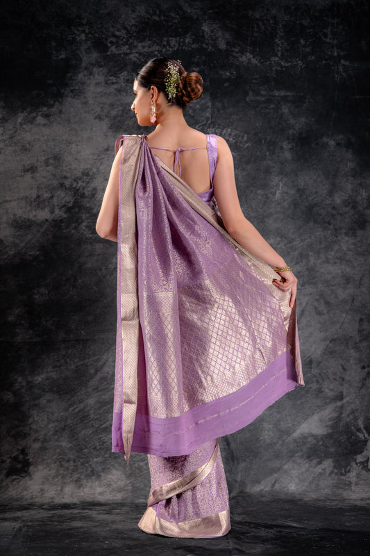 Dusty Lilac Crepe Brocade Saree with Intricate Zari Floral Weave