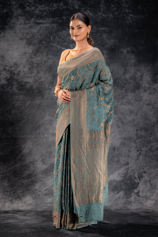 Dusty Sage Green Vat Dyed Silk Saree with Antique Zari