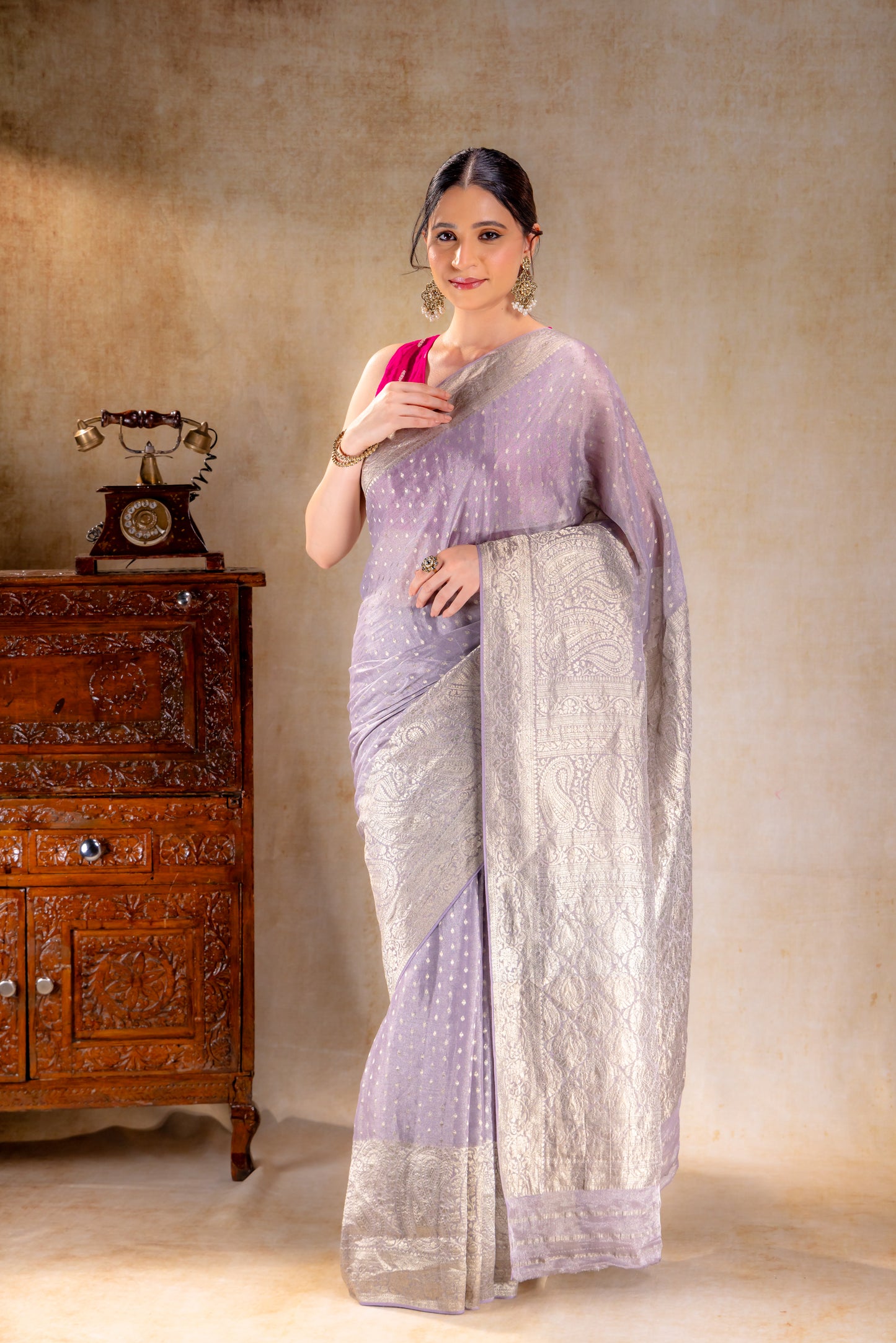 Pastel Lilac Tissue Saree with Rich Mango Motif Border and Gold Butta