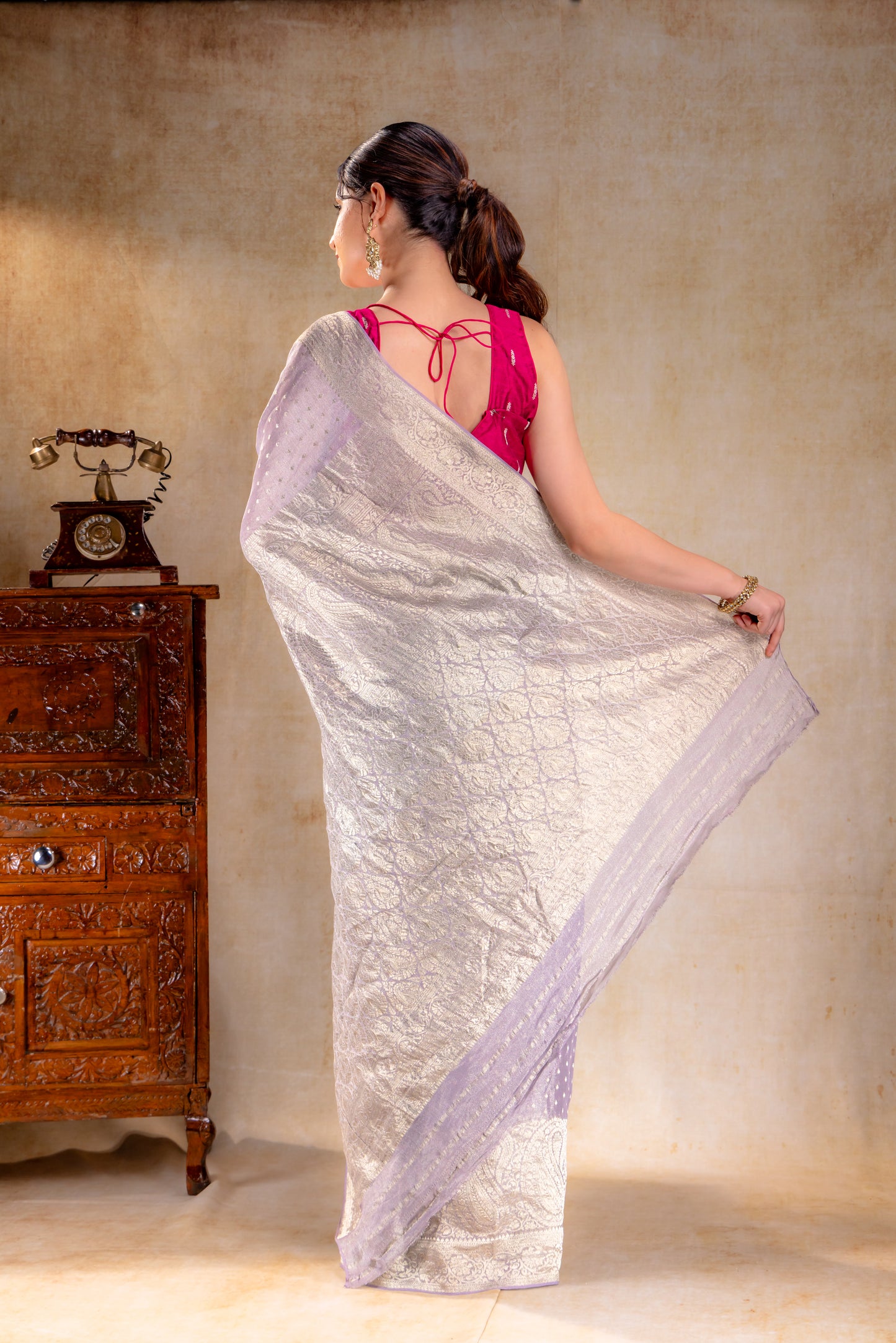 Pastel Lilac Tissue Saree with Rich Mango Motif Border and Gold Butta