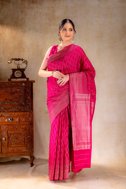 Fuchsia Pink Crepe Saree with Vertical Zari Buttas and Striped Zari Border