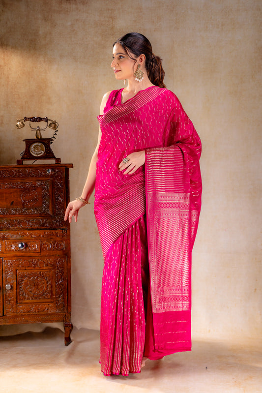 Fuchsia Pink Crepe Saree with Vertical Zari Buttas and Striped Zari Border