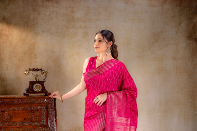 Fuchsia Pink Crepe Saree with Vertical Zari Buttas and Striped Zari Border