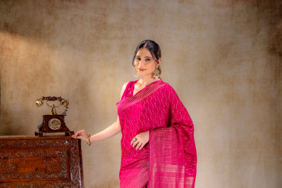 Fuchsia Pink Crepe Saree with Vertical Zari Buttas and Striped Zari Border