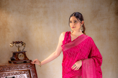 Fuchsia Pink Crepe Saree with Vertical Zari Buttas and Striped Zari Border