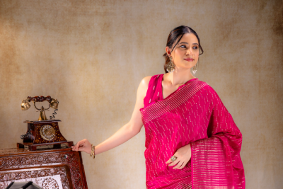 Fuchsia Pink Crepe Saree with Vertical Zari Buttas and Striped Zari Border